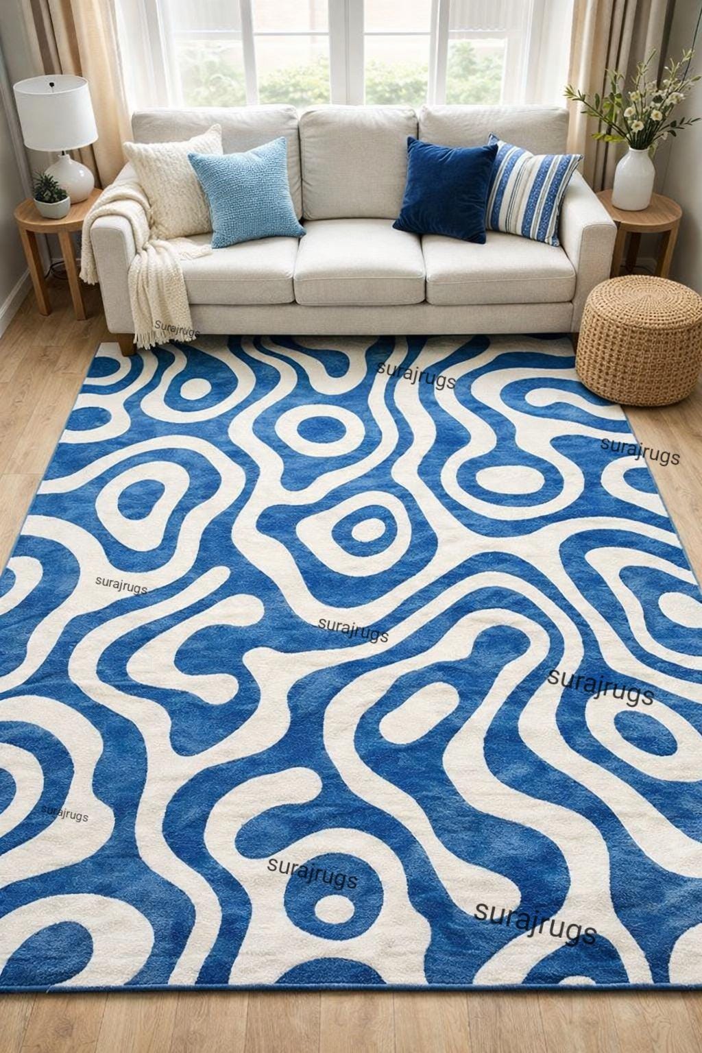 Hand Tufted Wool Area Rug, Modern Blue White Pattern Living Room - Etsy