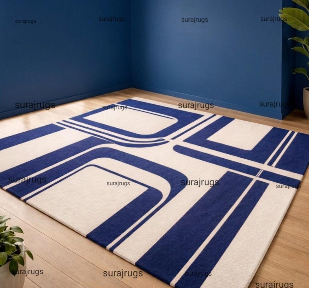 Blue Flower Shape Hand Tufted Wool Area Rug, Modern Abstract Floral Rug ...