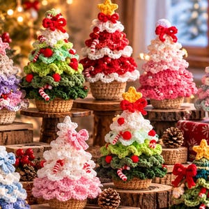 Könnte beinhalten: Eine Sammlung von gehäkelten Miniatur-Weihnachtsbäumen in verschiedenen Farben wie Rot, Grün, Weiß, Rosa und Blau. Jeder Baum hat ein strukturiertes, mehrschichtiges Design, einen kleinen Stern als Spitze und einen gewebten Fuß, arrangiert auf Holzflächen.