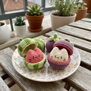 Könnte beinhalten: Zwei gehäkelte Katzenfiguren in fruchtförmigen Behältern. Eine rosa Katze befindet sich in einer grün gestreiften Wassermelonenschale, eine cremefarbene Katze in einer violetten Mangostanschale mit grünem Stielansatz auf einem Blumenteller.