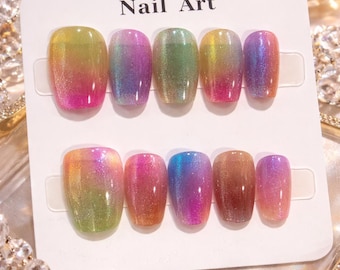 Rainbow Ombre Jelly Press On Nails | Iridescent Glitter Multicolor | Handmade Glossy Nails