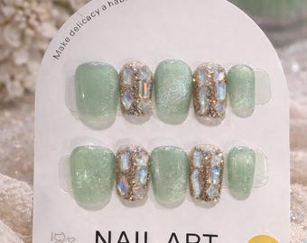 Mint Green Press On Nails | Crystal Glitter | Short Almond | Handmade Elegant Nails | Reusable Luxury
