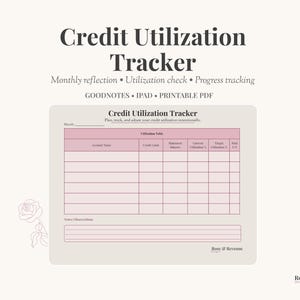 May include: A digital credit utilization tracker with a soft pink and cream color scheme. The title "Credit Utilization Tracker" is at the top, with sections for monthly reflection, utilization check, and progress tracking. The tracker is designed for Goodnotes, iPad, and printable PDF formats.
