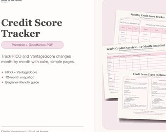May include: A digital credit score tracker titled "Credit Score Tracker" with the text "Printable + GoodNotes PDF". It includes sections for FICO and VantageScore, a 12-month snapshot, and a beginner-friendly guide. Digital download.