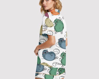 Komplet piżamowy z satyny jedwabnej z nadrukiem kota z kreskówkowej kreskówki dla kobiet