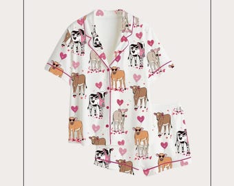 Cow Pajama Set Women | Farm Animal Heart Print Short Sleeve Sleepwear