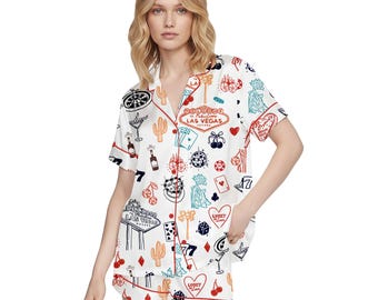Las Vegas Pajama Set Women | Casino Print Button Up Sleepwear Loungewear