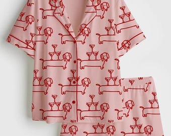 Dampyjamasset med tax, Martini- och weenies-tryck, kortärmade satinsömnar, hundpyjamas, pyjamasfamilj, pyjamaspresenter till henne