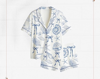 Seashell-pyjamaset dames | Nachtkleding met blauwe kustprint, loungekleding
