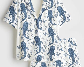 Dam Whale Shark Beachy Short, långärmad satinpyjamas