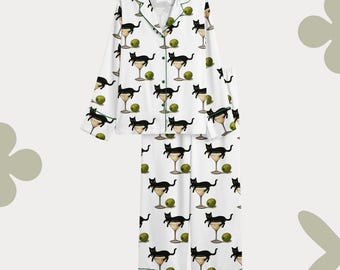 Schwarze Katze Martini Pyjama Set Frauen | Cocktail Print Nachtwäsche Loungewear