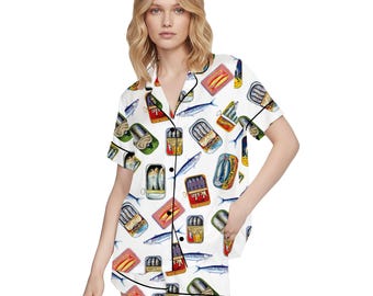 Vintage Sardine Tin Pajama Set, Tinned Fish Club Sleepwear, Mediterranean Satin Pjs, Quirky Foodie Gift, Retro Sardine Print Loungewear