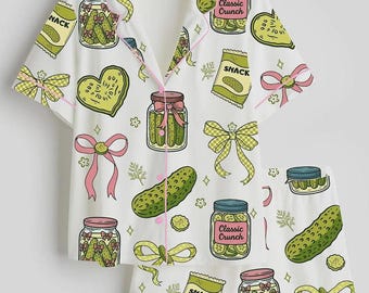 Conjunto de pijama con estampado de tarro de pepinillos – Ropa de dormir estilo cottagecore coqueta, regalo para amantes de los pepinillos eneldo