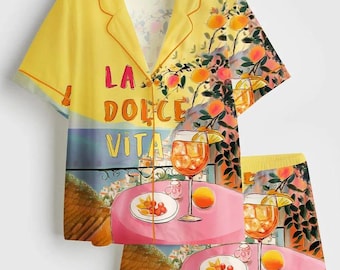La Dolce Vita Amalfi Coast Satin Pajama Set, Positano Italy Travel Pjs, Colorful Cocktail Print Sleepwear, Italian Quote Luxury Lounge Wear