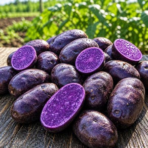 May include: A pile of purple potatoes, some halved to reveal vibrant purple flesh. The potatoes are on a weathered wooden surface, with a blurred background of green foliage.