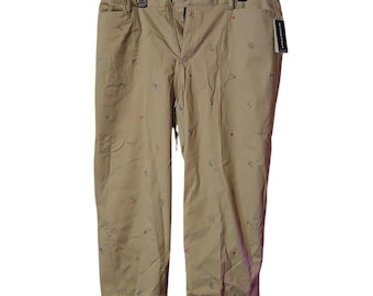 Vintage Y2K NWT Rafaella 18W Embroidered Floral Brown/Khaki/Tan Capri Pants [0193]