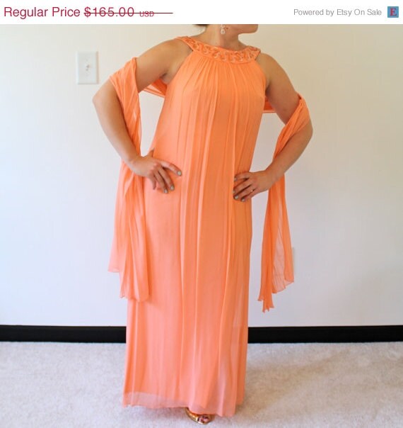 60s Long Evening Dress Chiffon Rhinestone Sequin W