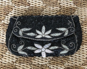 50s beaded clutch purse black white grey floral satin evening bag wedding christmas party gift for her