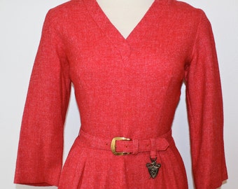 50s 60s Novelty Dress Christmas XS S 0 2 4 Red Wool Gay Gibson Career Belted Vneck 3/4 Sleeves Audrey Hepburn Mad Men Fall Winter