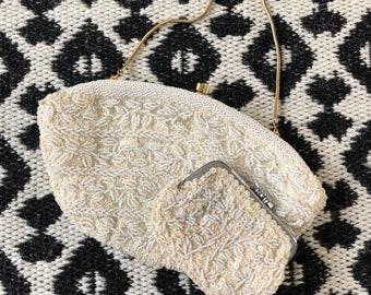 1960s beaded evening clutch and coin purse ivory cream satin irridescent sequins gold silver La Regale Noymer