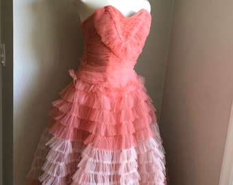 OOAK 50s 60S Dress Wedding Party Cosplay Costume Queen of Hearts Tulle Ball Gala XS 0 2 Pink Blush Ruffled Full Skirt Strapless Handmade