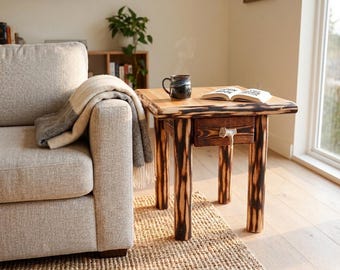 Shou Sugi Ban End Table with Drawer | Hand-Torched Pine Nightstand | Antler Pull | Rustic Modern Side Table