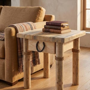 May include: A light-colored wooden side table featuring four cylindrical legs wrapped with rope accents, a single drawer with a black horseshoe handle, and a flat top surface holding a stack of three hardcover books with dark covers.