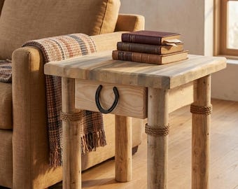 Handmade Pine Log Leg Nightstand | Horseshoe Drawer Pull | Rope Wrapped Legs | Western Rustic Modern Side Table