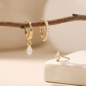 18K Gold Filled 3-Piece Earring Set, CZ Huggie Hoop, Rhombus Drop Dangle & Solitaire Stud Earrings, Minimal Cartilage Stack, Dainty Gift