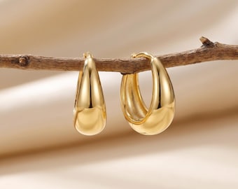 18K Gold Filled Teardrop Hoop Earrings, Minimalist Chunky Gold Hoops, Modern Everyday Jewelry, Elegant Gift For Her