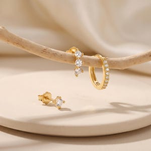18K Gold Filled 3-Piece Earring Set, CZ Huggie Hoop, Trio Drop Dangle & Solitaire Stud Earrings, Minimal Cartilage Stack, Dainty Gift