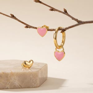 18K Gold Filled 3-Piece Earring Set, Pink Heart Stud, Hoop Dangle, Minimalist Ear Stack, Cartilage Earrings, Romantic Gift for Her