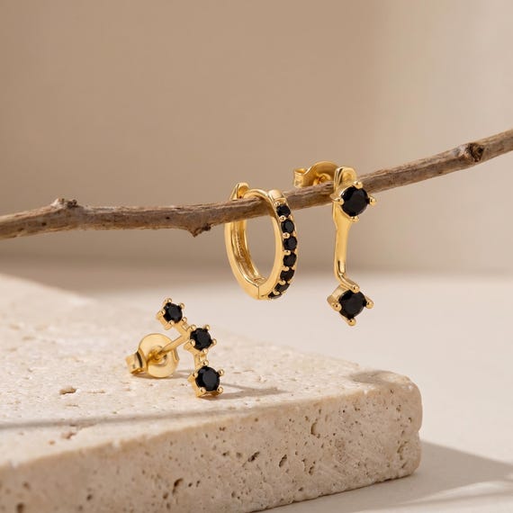 18K Gold Filled 3-Piece Earring Set, Black CZ Huggie Hoop & Drop Earrings with CZ Stud, Dainty Minimalist Cartilage Ear Stack Gift