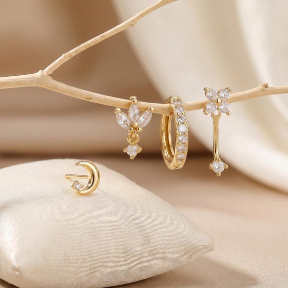 18K Gold Filled 4-Piece Earring Set, CZ Dangle Drop, Huggie Hoop, Stud Earrings, Dainty Cartilage Jewelry, Minimalist Stackable Gift