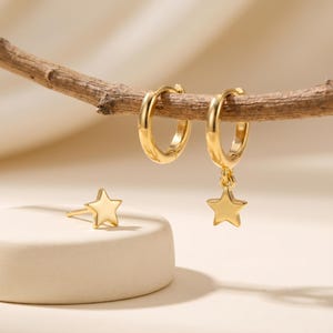 18K Gold Filled 3-Piece Earring Set, Star Charm Huggie & Minimalist Star Stud, Dainty Celestial Ear Stack, Cartilage Jewelry Gift for Her