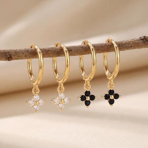 18K Gold Filled Geometric Floral CZ Huggie Hoop Earrings, French Chic Multicolor Earrings, Elegant Statement Jewelry Gift for Her