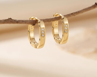 Orecchini a cerchio Huggie in oro 18 carati placcato con zirconi cubici, cerchi rettangolari geometrici, orecchini pavé minimalisti, gioiello da regalare tutti i giorni a lei.
