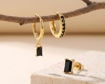 18K Gold Filled 3-Piece Earring Set, Black CZ Huggie Hoops, Baguette Drop & Stud, Dainty Cartilage Stack, Minimalist Jewelry Gift for Her