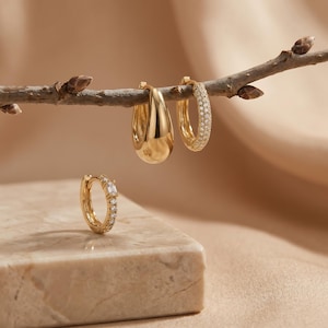 18K Gold Filled 3-Piece Earring Set, Pavé Huggie, Baguette Accent Ring & Chunky Ear Band, Minimalist Stackable Jewelry, Dainty Gift