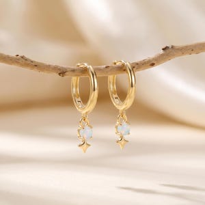 Puede incluir: Un par de pendientes de aro dorados con una piedra de ópalo blanco colgante y un dije en forma de estrella. Los pendientes cuelgan de una rama de madera. El fondo es de un color suave y neutro. Joyería clásica.