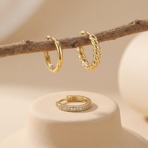 18K Gold Filled 3-Piece Earring Set, Twisted Hoop & CZ Huggie with Classic Hoop, Dainty Minimalist Ear Stack Cartilage Jewelry Gift
