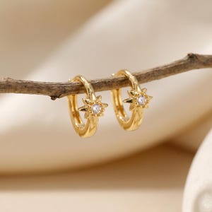 Könnte beinhalten: Ein Paar goldfarbene Creolen. Jeder Ohrring hat ein sternförmiges Design mit einem kleinen, klaren Edelstein in der Mitte. Die Ohrringe werden auf einem dünnen, braunen Ast vor einem weichen, neutralen Hintergrund präsentiert.