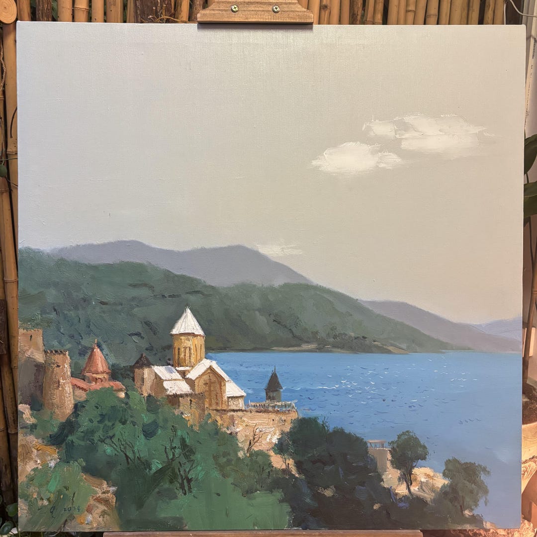 Hand Painted Landscape Oil Painting Lake Mountain Church Wall Art ...