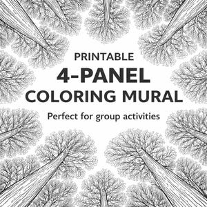 Puede incluir: Ilustración en blanco y negro de árboles vistos desde abajo, formando un patrón circular. El texto dice "PRINTABLE 4-PANEL COLORING MURAL" y "Perfect for group activities". Ideal para actividades en grupo.
