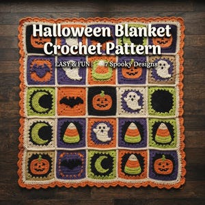 Patrón de ganchillo para manta cuadrada de Halloween para abuela, manta afgana de fantasmas, calabazas, murciélagos, lunas y caramelos de maíz, manta espeluznante en formato PDF para descargar.