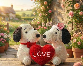 Wzór na szydełkowanie Snoopy'ego na Walentynki w formacie PDF, Uroczy piesek z serduszkiem Amigurumi, Łatwy pluszowy prezent w formacie cyfrowym, Uroczy szydełkowy prezent dla psa w kształcie orzeszka ziemnego