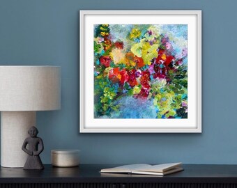 Colorful Abstract Floral Painting on paper 12 x 12 inches - Unframed