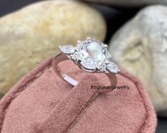 Natural Aquamarine Ring, Oval Cut Aquamarine, 925 Sterling Silver, Stacker Ring, White Aquamarine, March Birthstone, Anniversary Gift Ring
