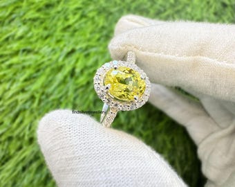 Yellow Sapphire Ring, Halo Ring, 925 Sterling Silver, Zircon Ring, September Birthstone, Zircon Ring, Promise Ring, Cluster Ring, Prong Ring