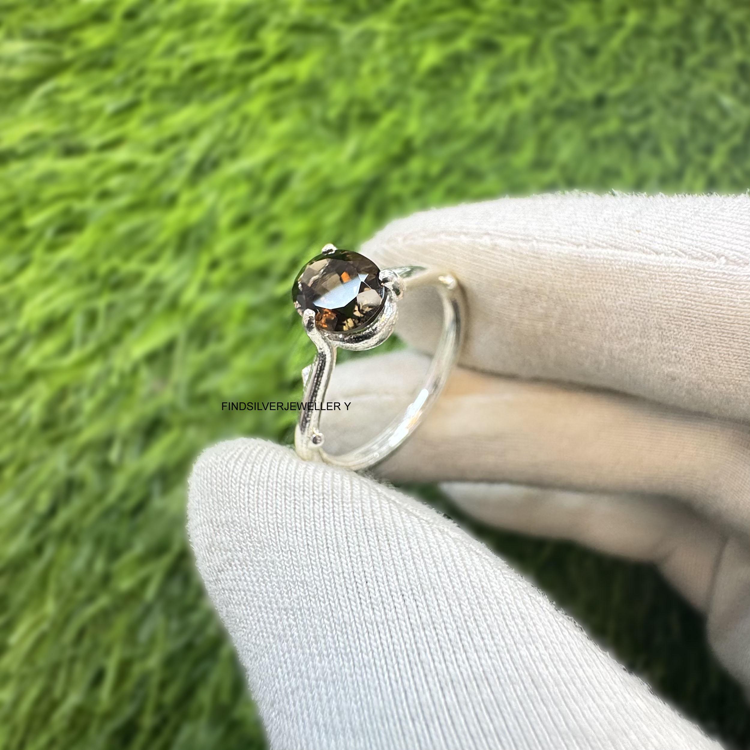 Bague Solitaire Vintage Quartz Fumé Argent 925 - Taille 6 (ovale) - G Lo